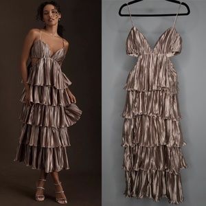 NWT BHLDN by Carly Cushnie Brenna Tiered Pleated V-Neck Cutout Midi Dress Bronze